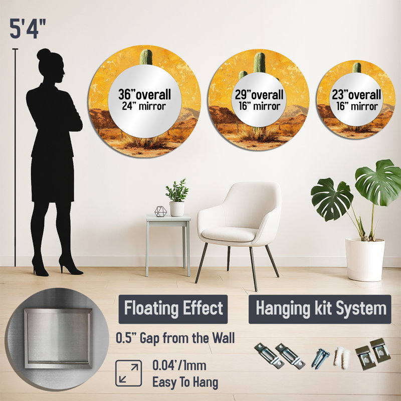 Cactus And The Desert Heat I - Floral Cactus Accent Wall Mirror - Printed On Metal, 23" x 23"