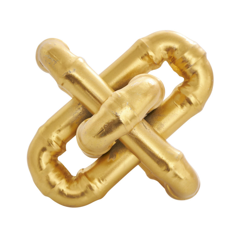 Metal Chain Link Jack Geometric Decorative Sculpture with Dimensional Ridges, 7.4" H x 8.95" W x 8.6" D, Gold
