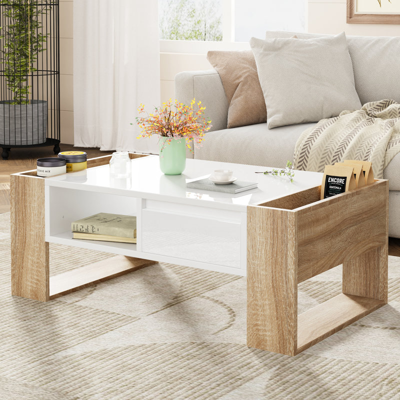 Table basse tendance très brillante avec 2 tiroirs, compartiments cachés, tablette ouverte, blanc, 41,3 po x 23,6 po, design moderne