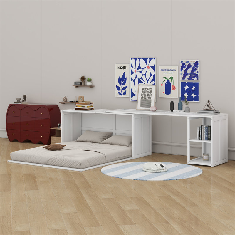 Queen Size Murphy Bed With Rotable Desk, White