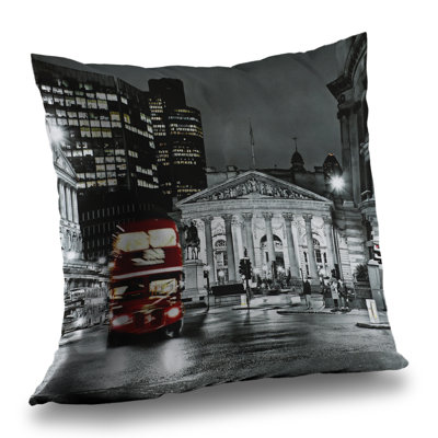 Grayscale Pantheon with Red Bus - Living Room Poly Twill Throw