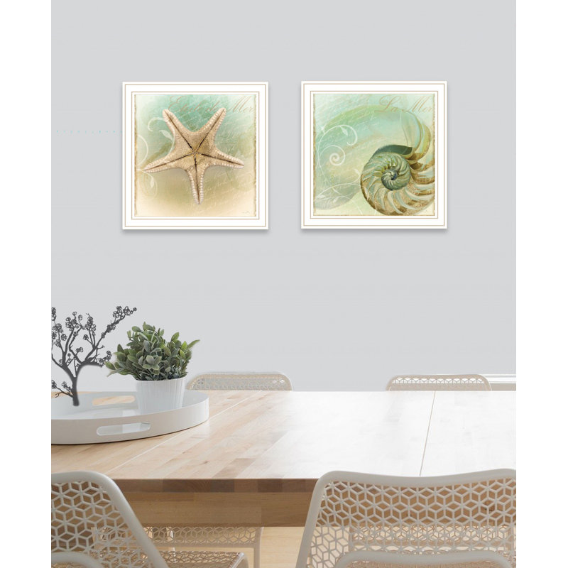 «The Sea I and Sea II 2», ensemble d'art mural encadré, Cadre d'angle fermé en bois massif blanc