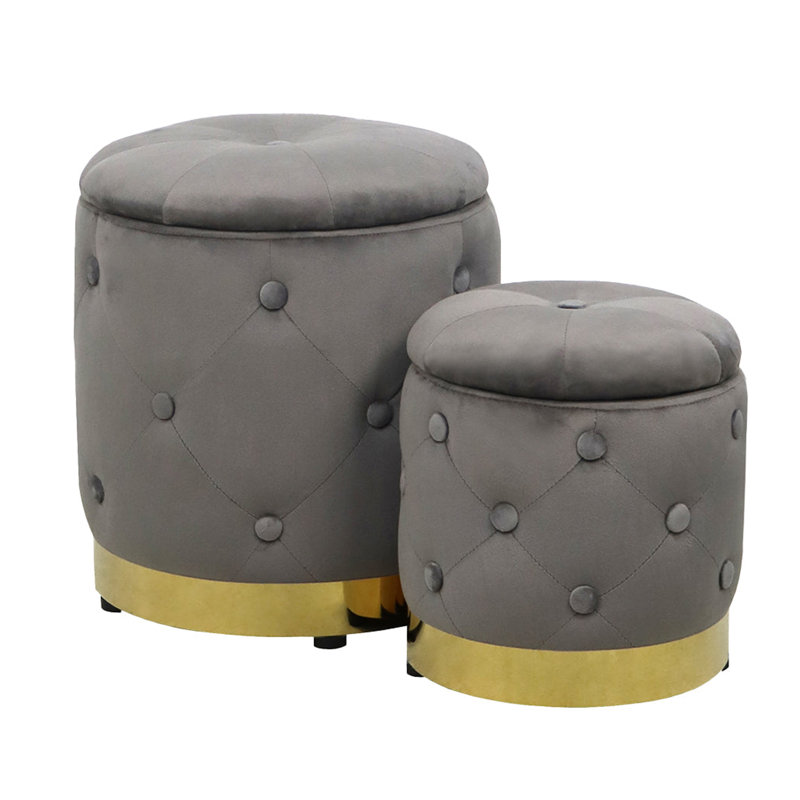 Ensemble de repose-pieds Kiki avec 2 tabourets de rangement capitonnés décoratifs pour le salon, Velours gris