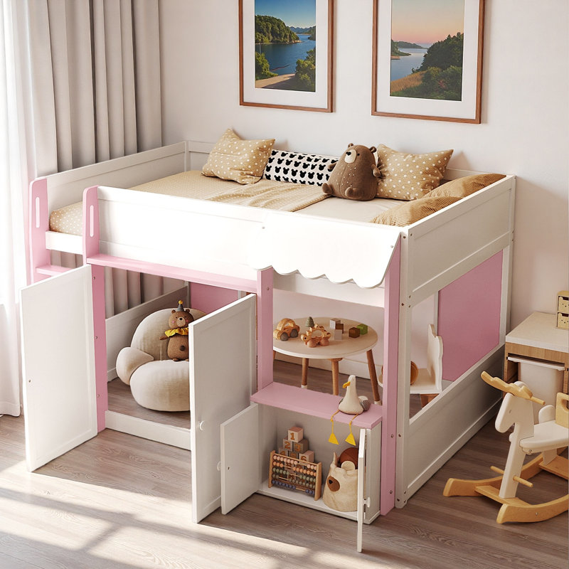Lit mezzanine moderne avec maisonnette et rangement, Rose