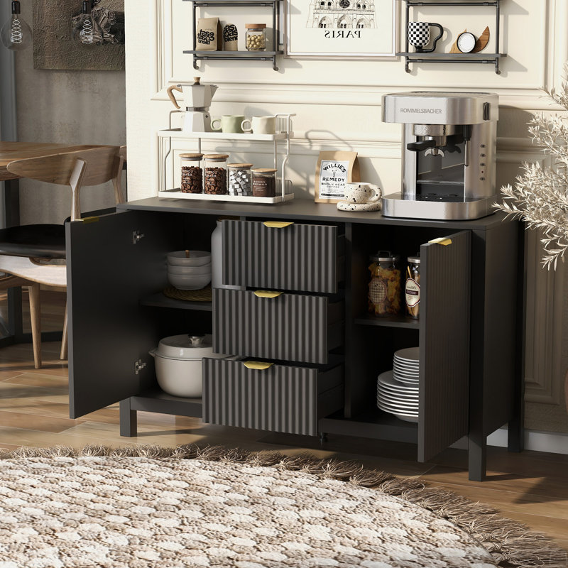 Sideboard With Wave Design - 3 Adjustable Shelves, 3 Drawers & Soft-Close Doors, Black