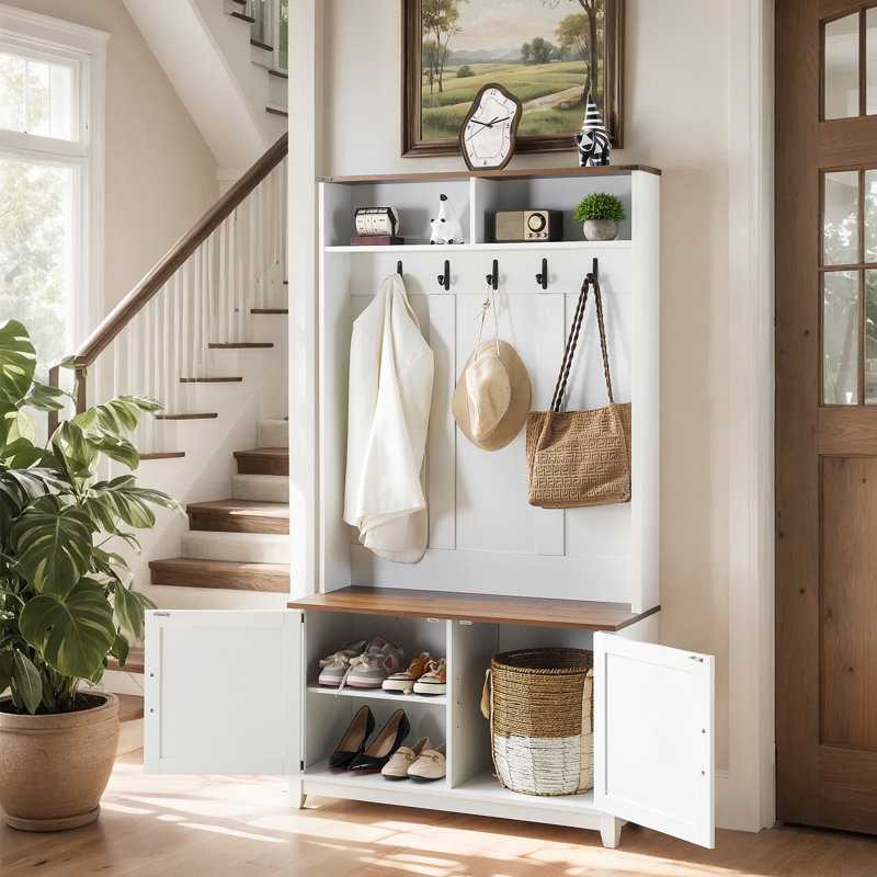 Arbre d'entrée 38 "avec banc et rangement pour chaussures - banc d'entrée avec portemanteau, 5 crochets, 2 compartiments ouverts, porte de grange et tablette réglable en blanc et brun