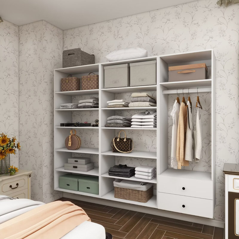 Système d'organisation modulaire blanc avec tringle, 13 tablettes et 2 tiroirs