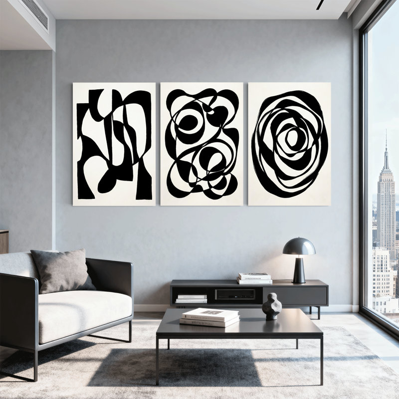 Abstrait abstrait noir et blanc, 18” H x 36” W