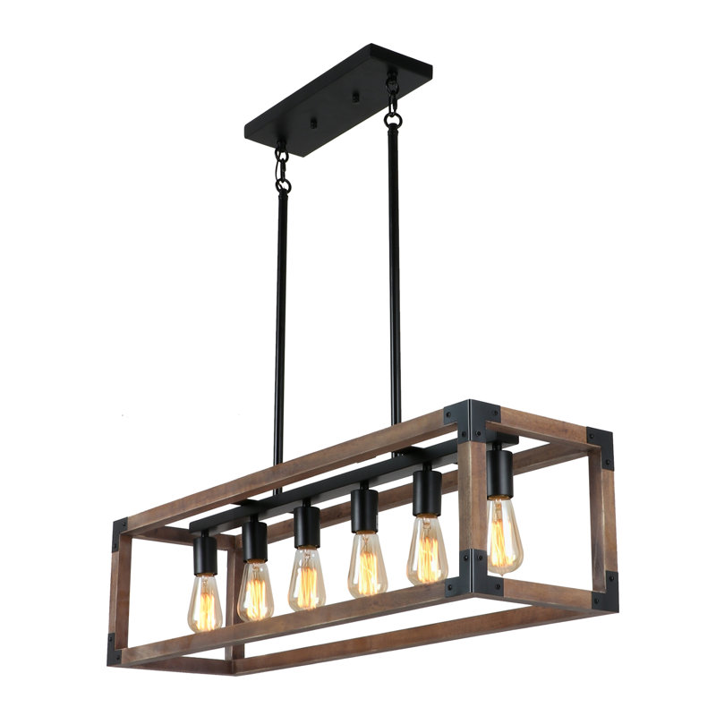 Brown 6-Light Dimmable Kitchen Island Rectangle Chandelier Lighting Fixture