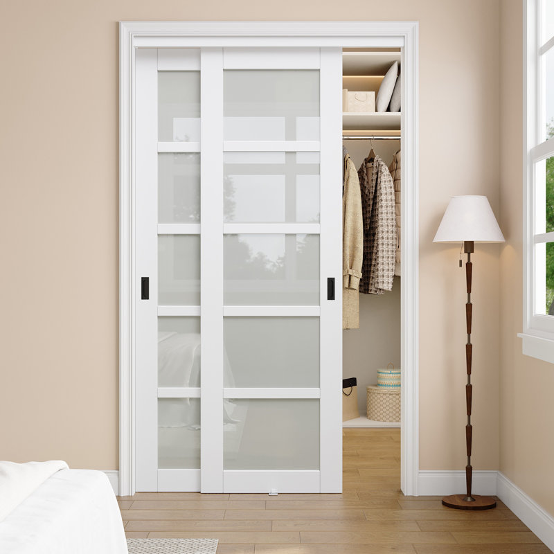 48"x 80" White Primed 5-Lite Frosted Glass Sliding Door with Hardware Kit And Black Recessed Handles and No Assembly Required Can be changed in color For Closet,Pantry,Living room