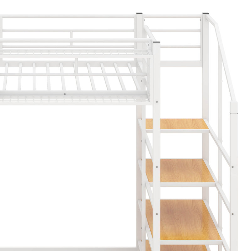 Lit mezzanine simple avec escalier et rangement, structure de lit mezzanine en métal avec tablette de rangement supérieure et escalier de rangement latéral