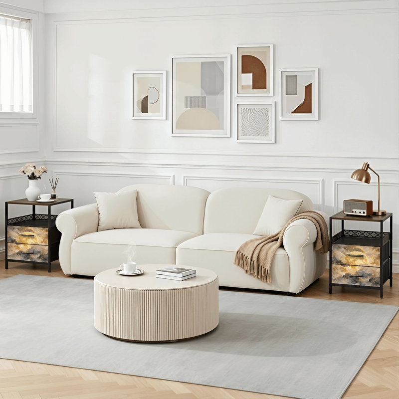 Table de chevet 2 tiroirs avec station de charge, table de chevet avec ports USB et amp; Outlets, tablette ouverte noire, table de chevet avec impression abstraite d'accents métalliques de Golden Cloud