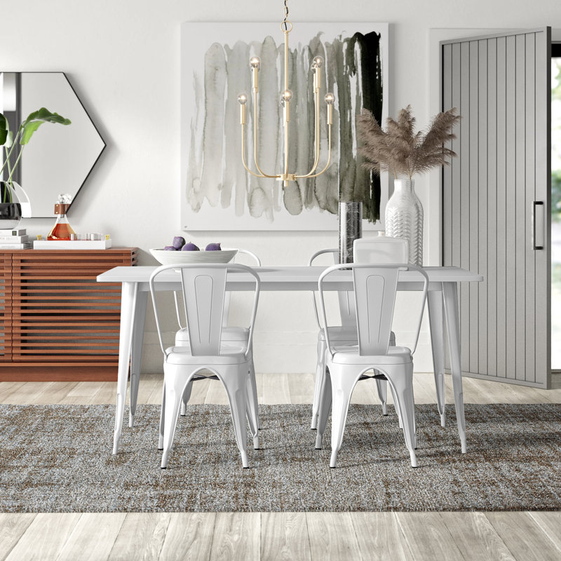Mcpeters 31.5'' x 63'' Rectangular Metal Indoor-Outdoor Table Set with 4 Stack Chairs, White, 5