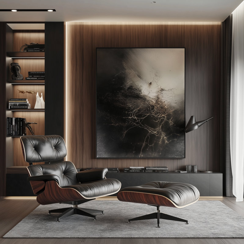 Fauteuil lounge en cuir avec bois massif, Cuir noir bois de rose