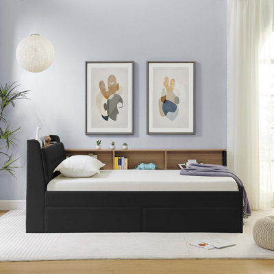 Upholstery Velvet Height Adjustable Day Bed with Storage Headboard and Wireless Charging, Multi-functional Daybed with Trundle Bed & LED Lights