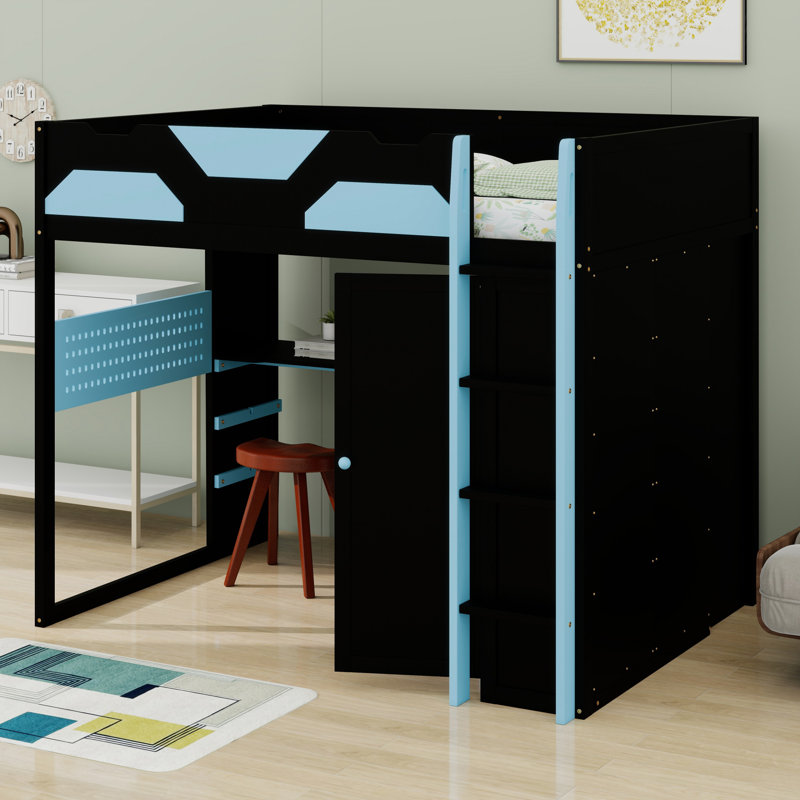 Lit mezzanine en bois avec bureau, tablettes de rangement multiples et port USB, Bleu nuage
