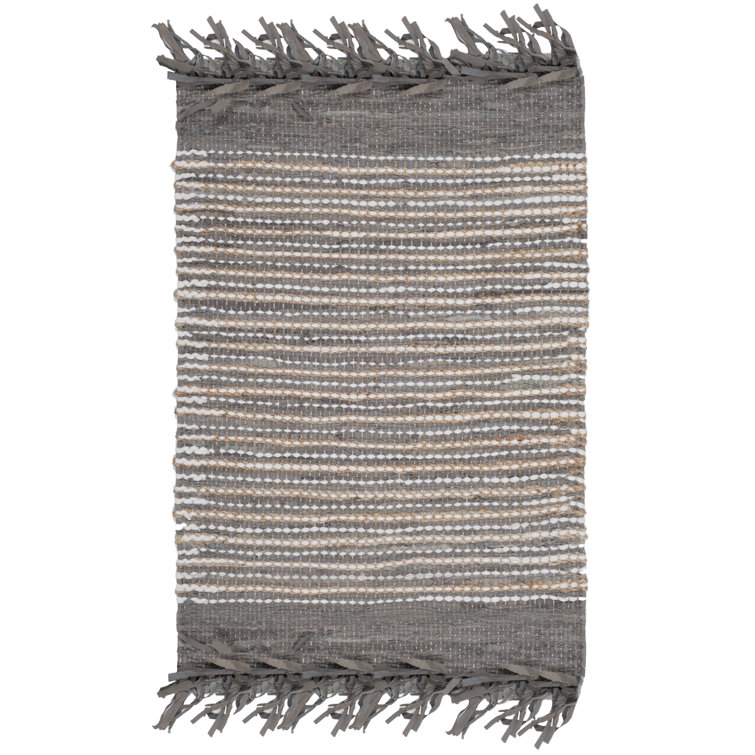 Exley Vintage Leather Hand Woven Leather Cotton/Jute Striped Rug in Gray