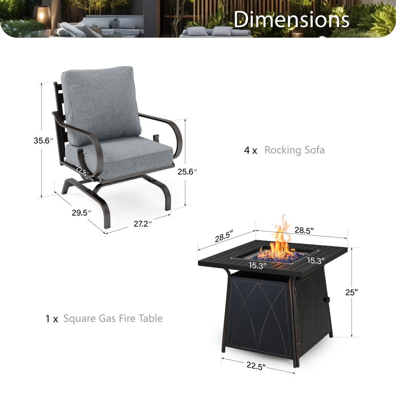 Ensemble de conversation berçant en métal pour 4 personnes avec foyer, Gris
