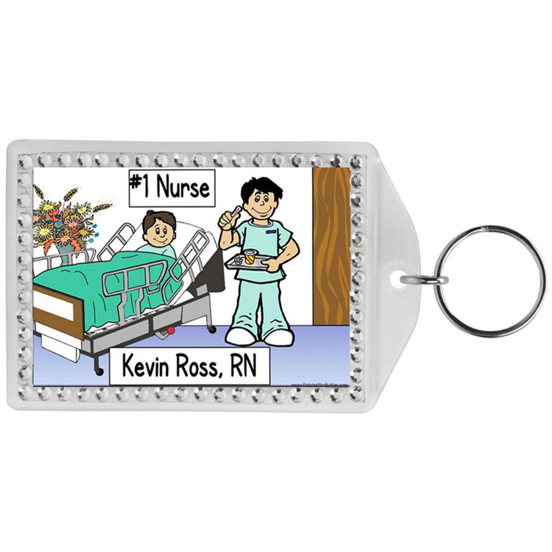 Personalized Name That Toon Nurse - Male Rhinestone Bordered Key Chain, Yes