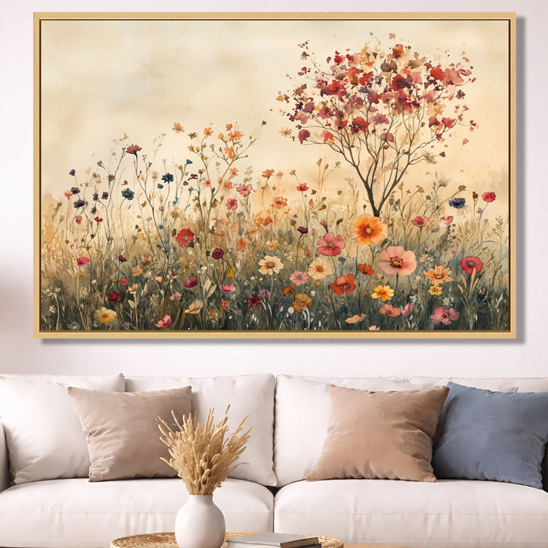 Art mural rouge, fleurs sauvages, toile d'été, H 40 po x l 60 po, Cadre naturel flottant