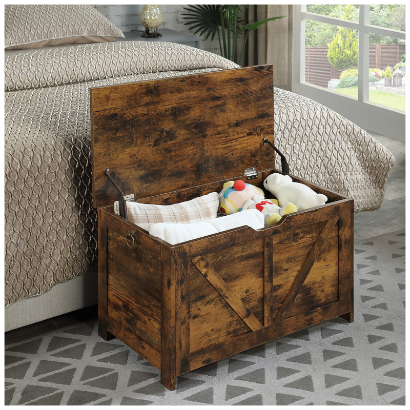 Banc de rangement rustique brun avec couvercle relevable, siège de rangement pour panneau de particules, Brown Wood