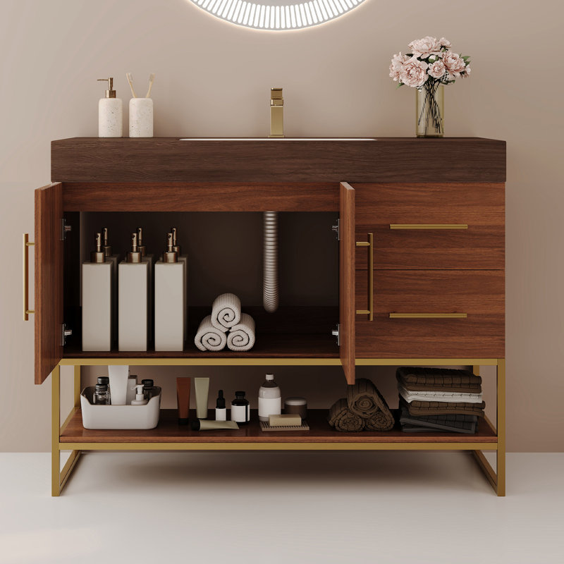 Meuble-lavabo de 36 pouces avec lavabo intégré, finition dorée et tiroirs spacieux - Assemblage facile avec accents contemporains de 36 po, surface en pierre frittée, drain réglable idéal pour l'organisation