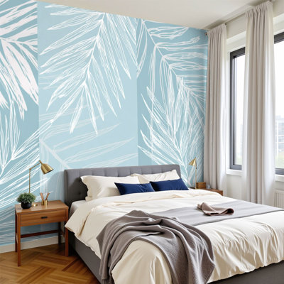 Peel and Stick Wallpaper 144" W x 100" H Modern Self Adhesive Wall Mural for Bedroom Abstract tropical foliage pastel blue colors Palm leaves line art