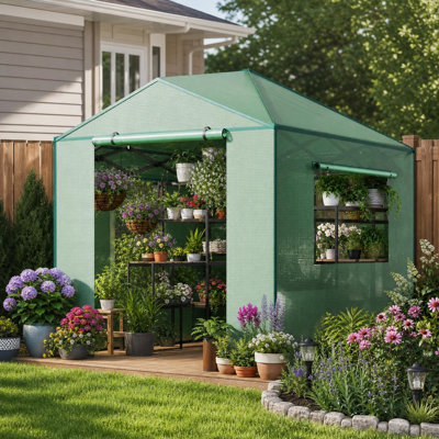 360×240 cm Portable Walk‑In Pop‑Up Greenhouse, Galvanized Steel Frame PE Cover, Roll-Up Doors Mesh Windows for Outdoor Year-Round Plant Growth