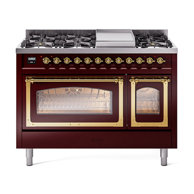 ILVE UN48FNMPEGG Nostalgie II Noblesse 48 inch Dual Fuel Range (8 Sealed Burners + Griddle, Triple Glass Door), Brass