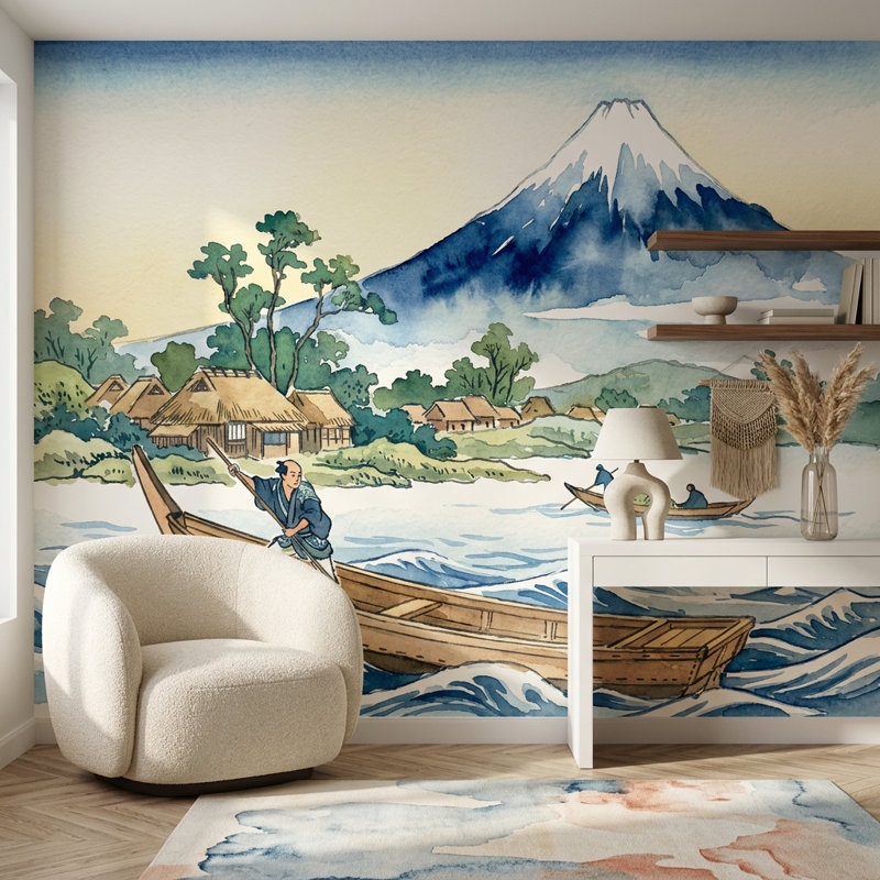 Mont Fuji, paysage japonais, aquarelle amovible, décoration murale, 140 po x 108 po, Texturé non collé