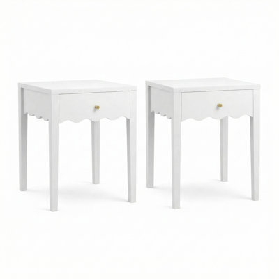 White Nightstands with Drawer, Modern Bedside Tables with Scalloped Apron Detail, Compact End Tables for Bedroom, Living Room & Small Spaces