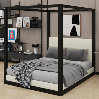 Sturdy Wooden Canopy Platform Bed & Upholstered Headboard