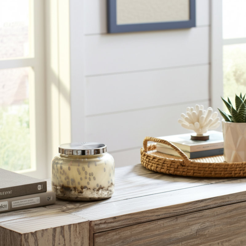 Bougie décorative en cire de verre dans un contenant à couvercle en métal avec un style moderne Boho Glam et un design élégant et irisé