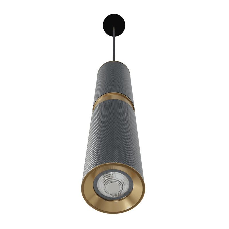 Luminaire suspendu cylindrique unique à 1 lumière, Gris clair moleté / accent laiton vieilli, H 13 po x l 3 po x P 3 po
