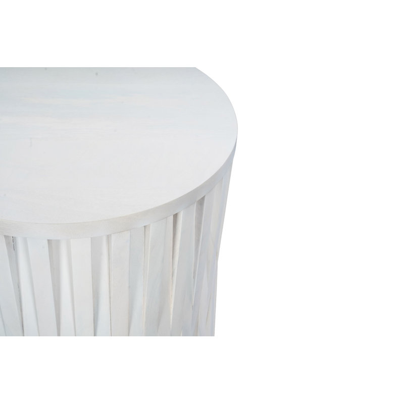 Elegant White 20" Round Accent Table with Woven Vertical Slat Design