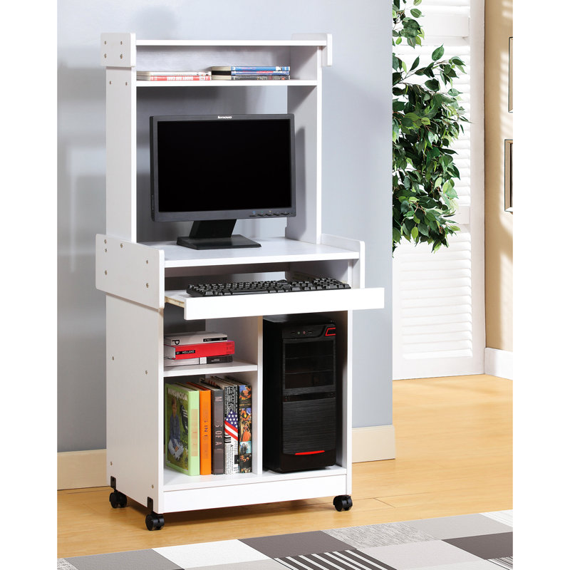 Chariot d'ordinateur pour micro-ondes avec station blanche, finition blanche, avec roulettes verrouillables et tablette coulissante blanche