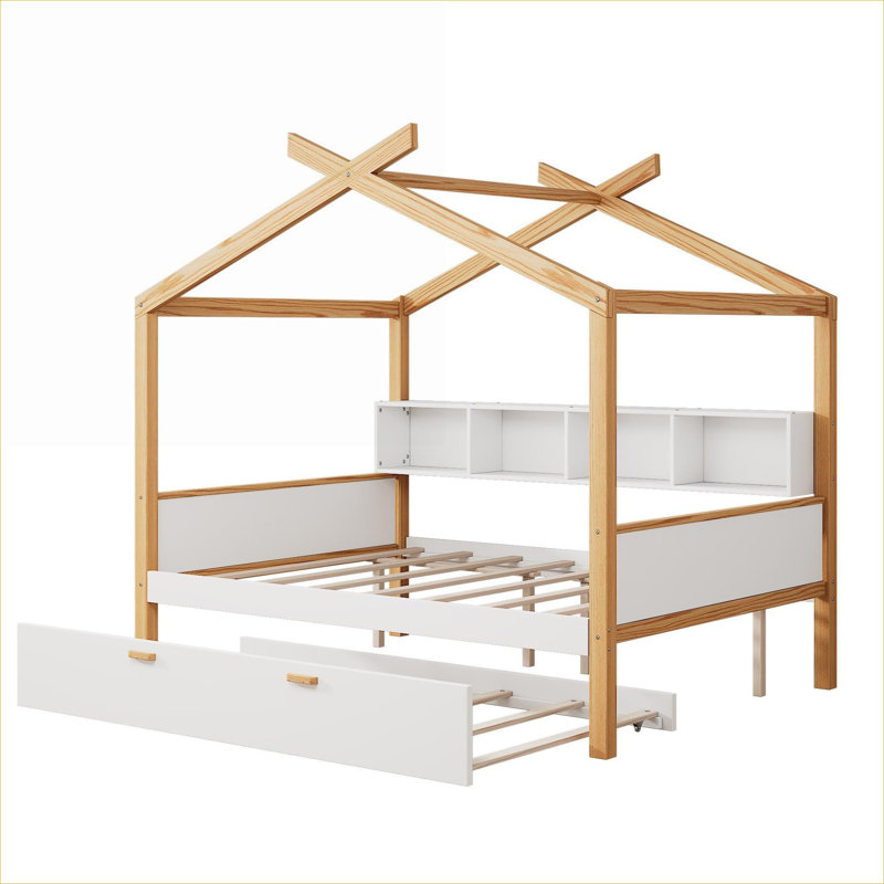 Lit plateforme classique blanc de style maison ludique, lit double avec lit gigogne escamotable et bibliothèque intégrée, bois massif