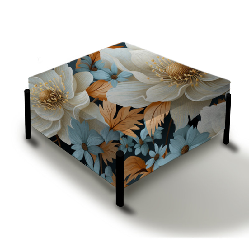 Grand repose-pieds industriel carré ivoire à motif floral Fusion I