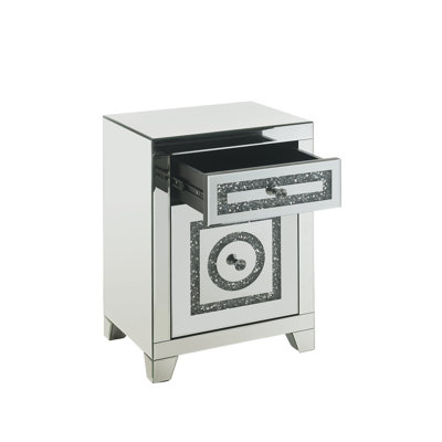 Table d'appoint glamour en faux diamants avec miroir - 26 po de hauteur, 18 po de largeur, 46 lb de poids, 2 tiroirs, 13 po de profondeur