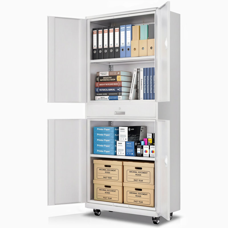 73" Metal Storage Cabinet, Garage Storage Organizer with Wheels, Locking Doors, Drawer and Adjustable Shelves, Gray/Black