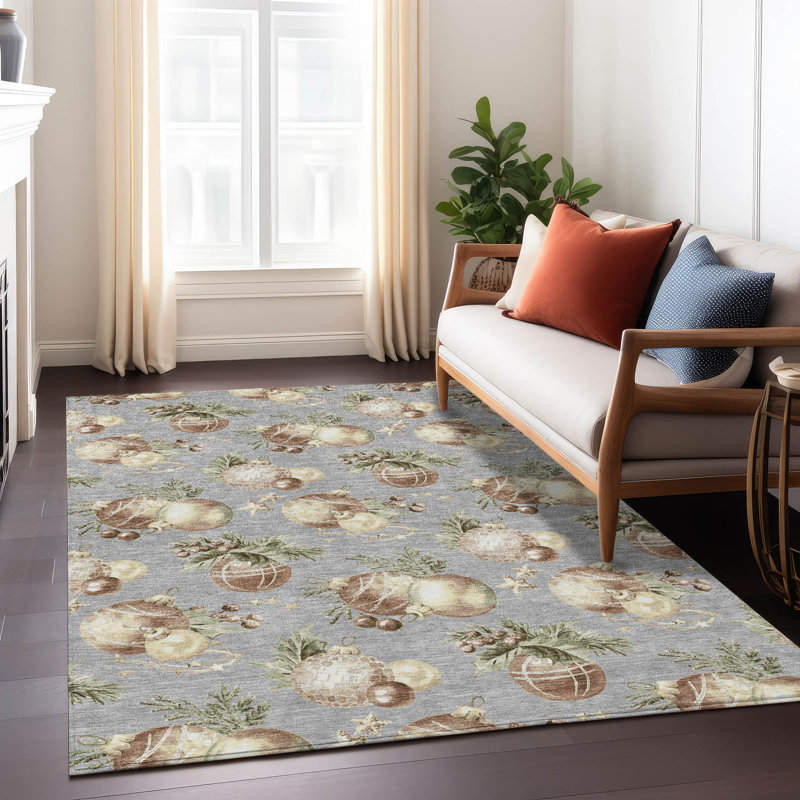 Gray Christmas Ornaments Flat Woven Synthetic Rug 5' x 7'