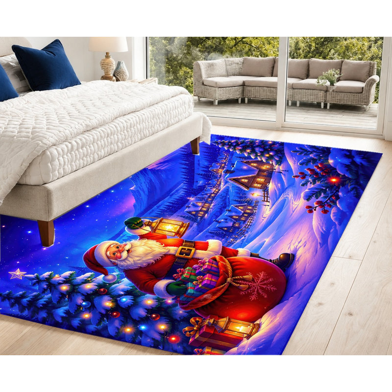 Tapis lavable à motif Père Noël, paysage d'hiver enneigé, surface en velours, doux et antidérapant, décoration intérieure moderne pour salon, chambre, entrée, bureau, balcon, appartement