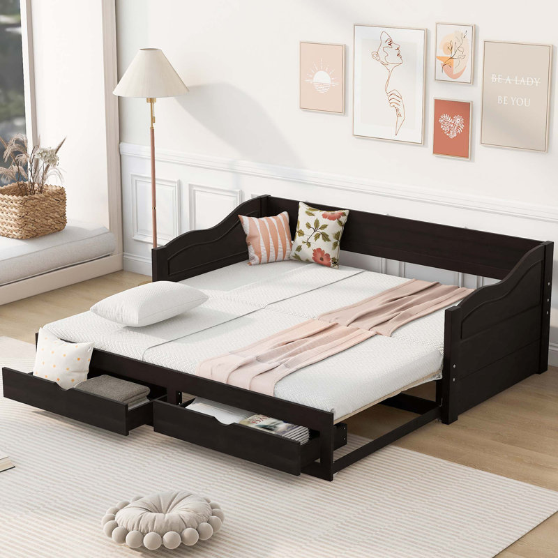 Wooden Daybed with Trundle Bed and Two Storage Drawers , Extendable Bed Daybed,Sofa Bed with Two Drawers
