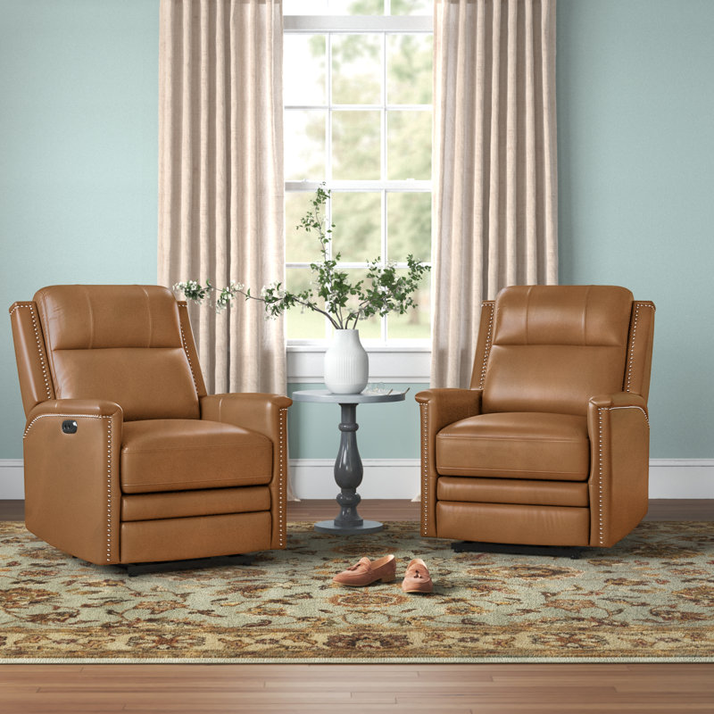 Rueda Genuine Leather Power Recliner with USB Port , Camel Genuine Leather