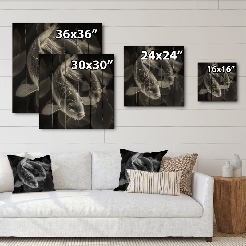 Poisson Koi monochrome - impression sur bois, L 30 po x H 30 po x P 1 po