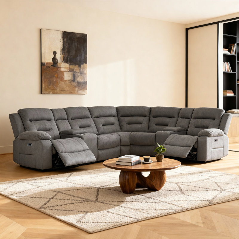 7-Piece, 2 Power Recliners Sectional Couch Reclining with Storage & Cup Holder, Gray Suede