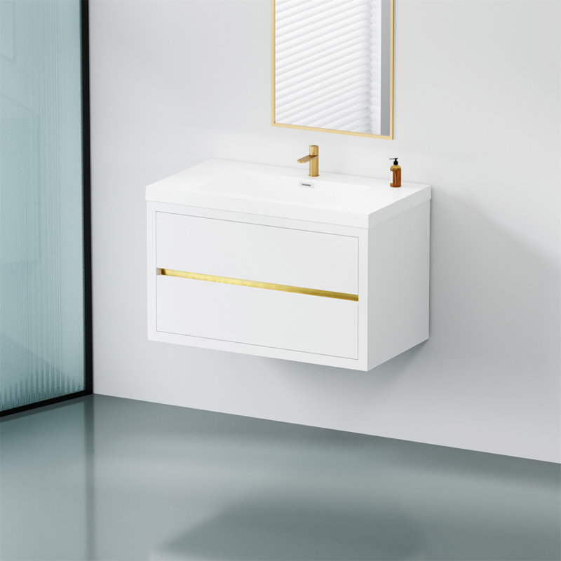 Meuble-lavabo mural 36 po avec résine, lavabo et tiroir, Blanc brillant