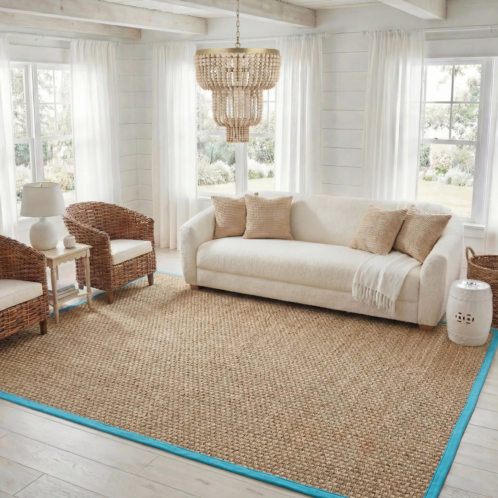 Natural Turquoise Bamboo Seagrass Rug, Rectangle 8' x 10'