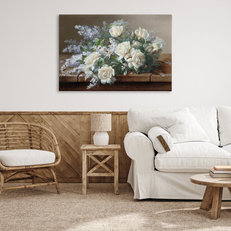 Art mural blanc sur blanc avec roses rétro par Raoul De Longpre bp-669_CN, H 30 po x l 45 po