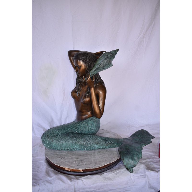 Mermaid Sitting Holding A Shell Bronze Statue Fountain Size: 28" X 25" X 28"H, 28" H x 21" W x 31" D